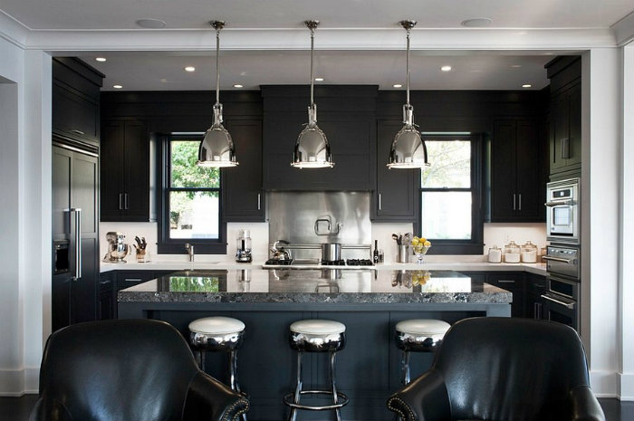 modern-home-decor-Modern-Kitchen-Design-Ideas-with-black-marble-island-and-modern-pendant-lamps-and-stylish-stools-also-stainless-steel-backsplash