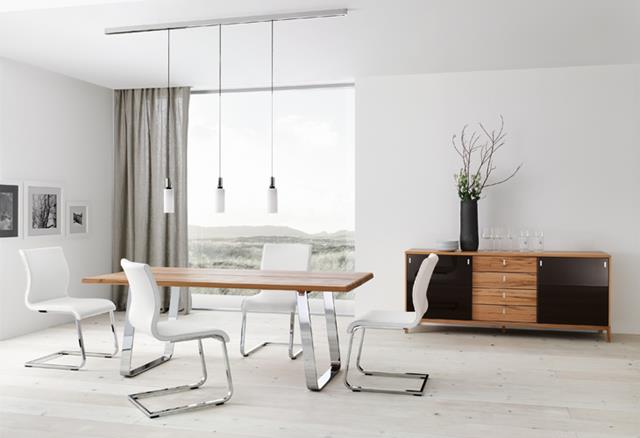 Modern-dining-table-Chrome-white-chairs-track-lighting