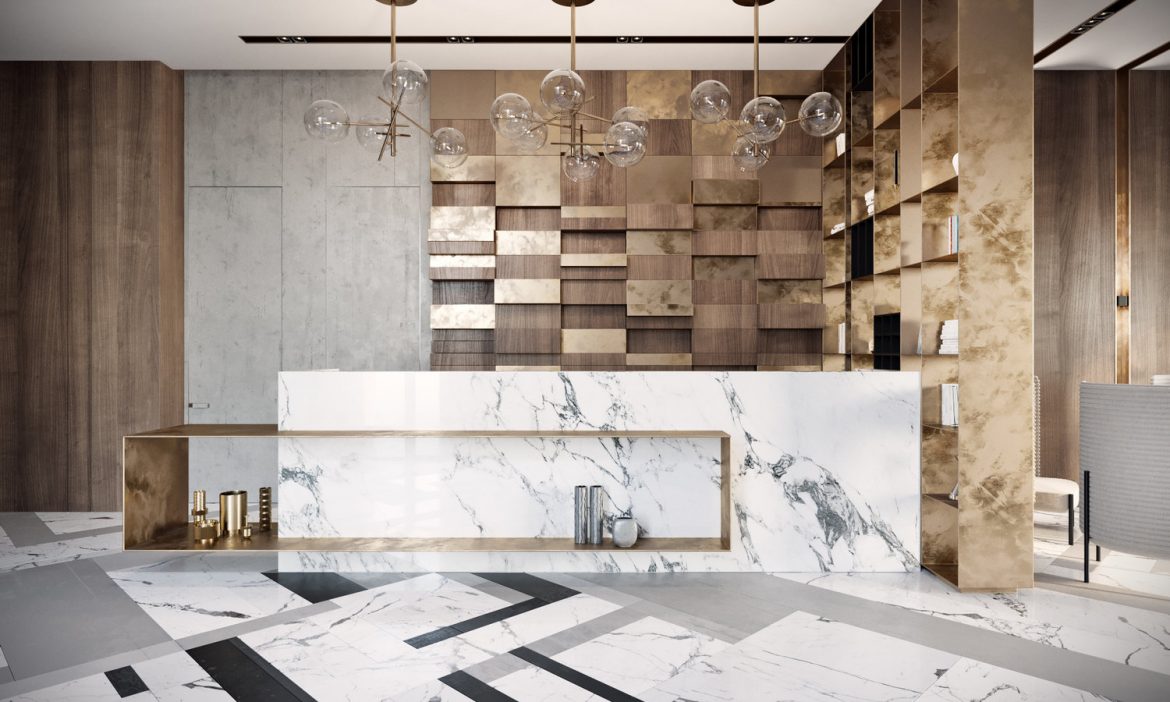 Modern lobby in Moscow combines brass, marble & special lamps