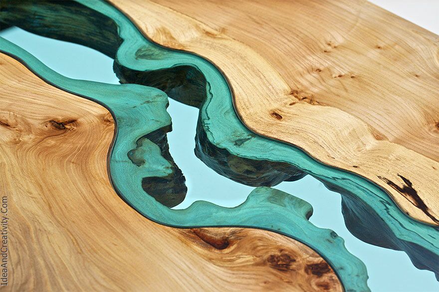 STUNNING WOODEN COFFEE TABLE WITH GLASS RIVERS AND LAKES